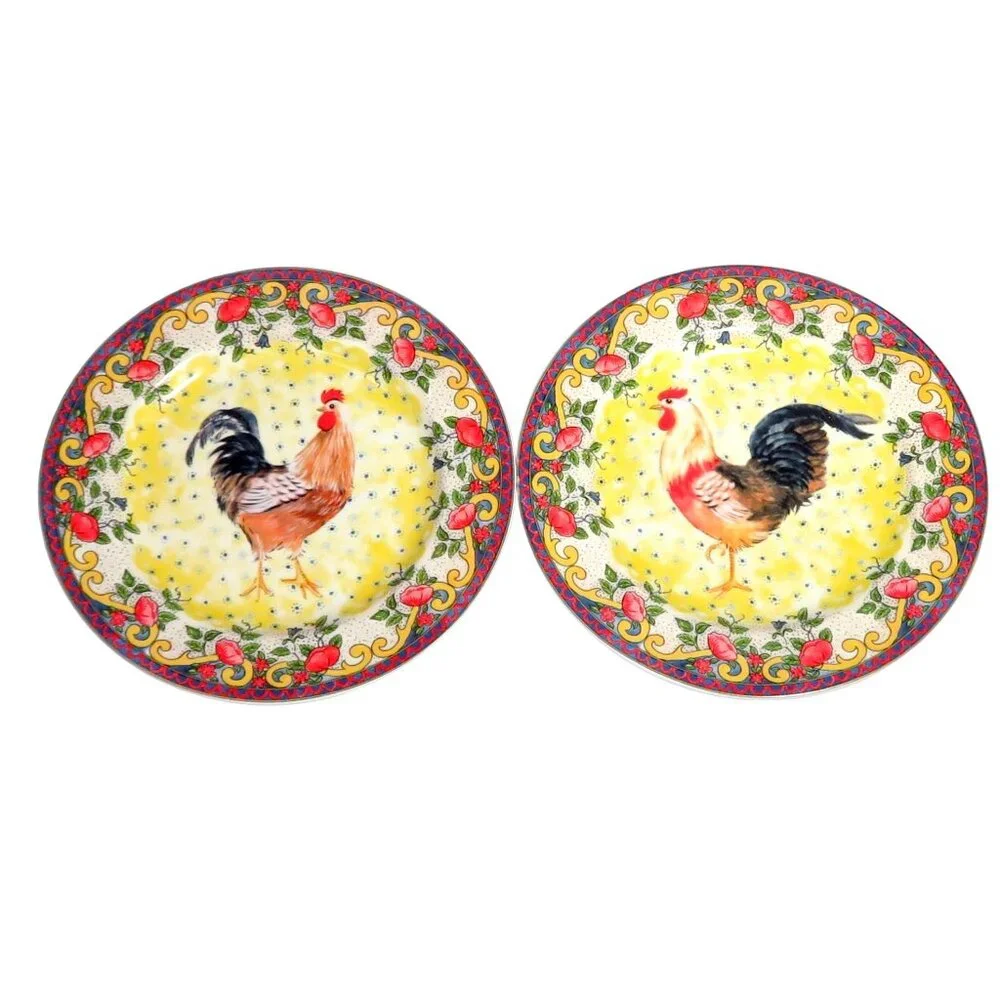 Set of 2 American Atelier Petite Provence 8 Inch Porcelain Rooster Salad Plates